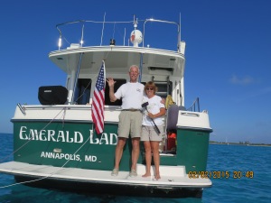 Sharon and Pete wave goodbye from Emerald Lady